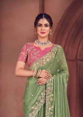 Sage Green Organza Saree with Embroidery Detailing