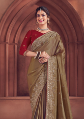 Olive Green Organza Saree with Heavy Embroidery Work