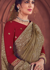 Olive Green Organza Saree with Heavy Embroidery Work