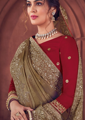 Olive Green Organza Saree with Heavy Embroidery Work