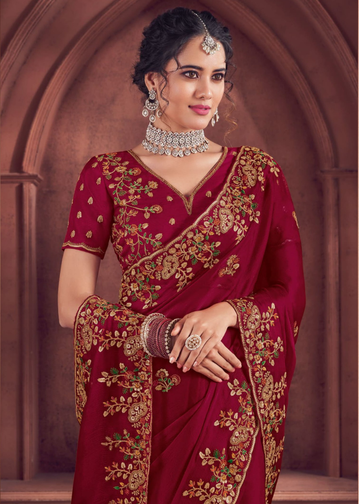 Maroon Organza Saree with Golden Embroidery Work