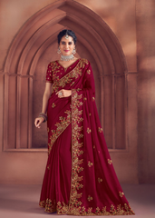 Maroon Organza Saree with Golden Embroidery Work