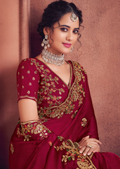 Maroon Organza Saree with Golden Embroidery Work