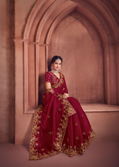 Maroon Organza Saree with Golden Embroidery Work