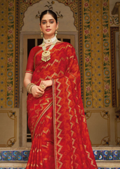 Red Georgette Saree with Gold Chevron Print & Embellished Border