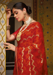 Red Georgette Saree with Gold Chevron Print & Embellished Border