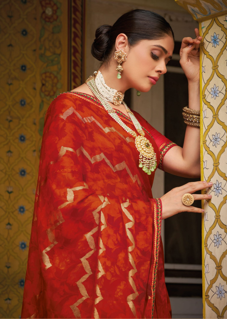 Red Georgette Saree with Gold Chevron Print & Embellished Border