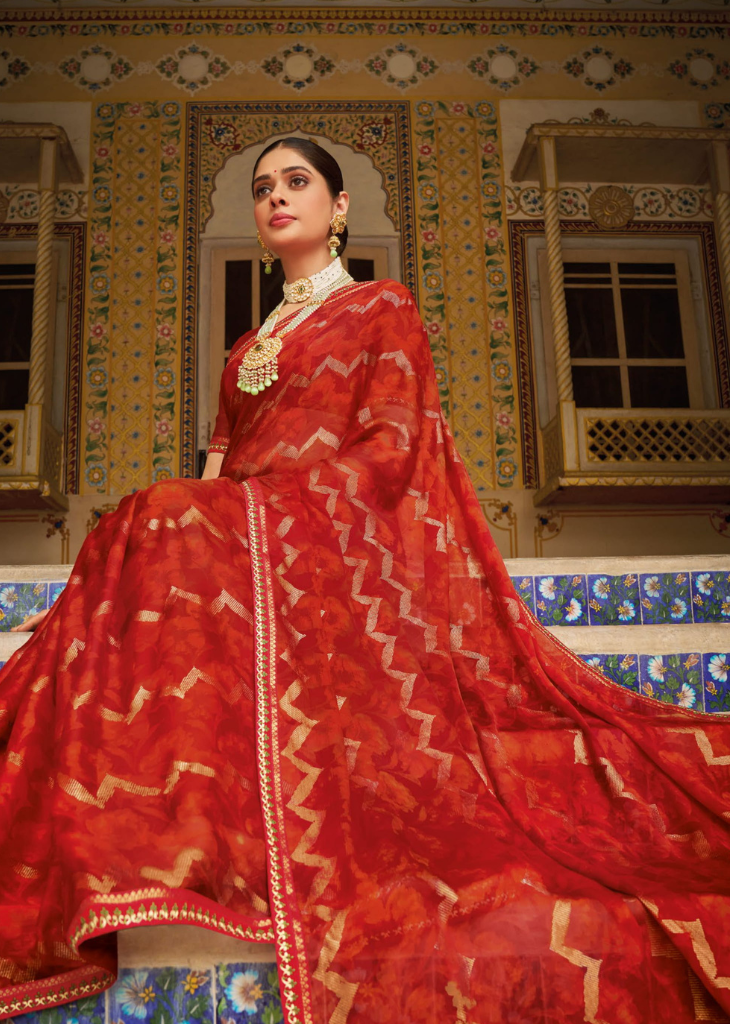 Red Georgette Saree with Gold Chevron Print & Embellished Border