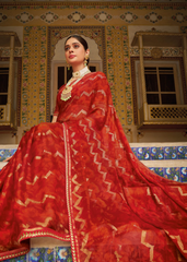 Red Georgette Saree with Gold Chevron Print & Embellished Border