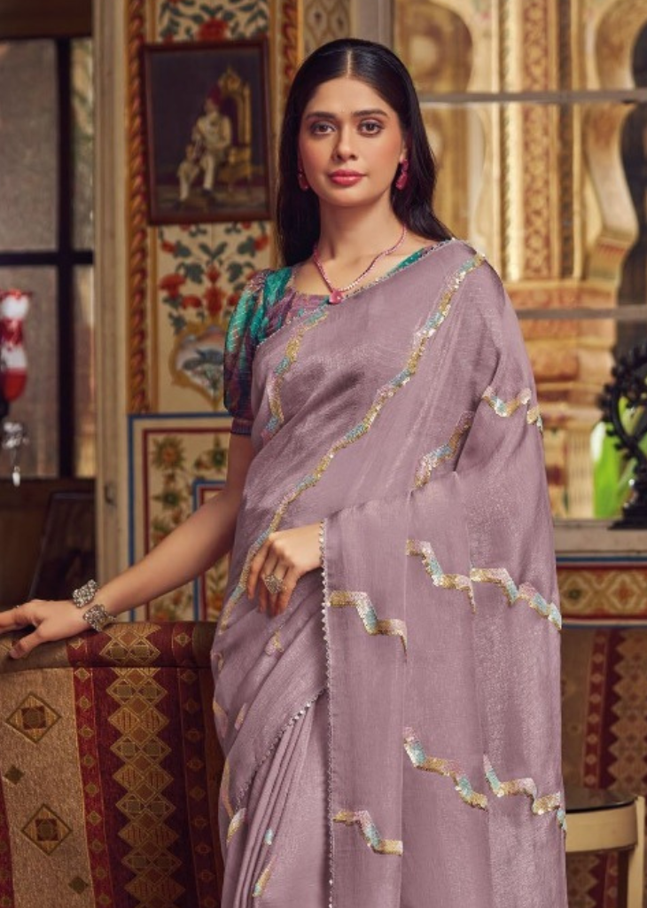 Lavender Shimmer Chiffon Saree with Embroidery