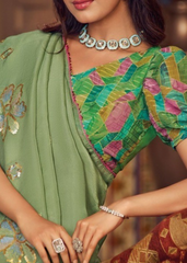 Pastel Green Shimmer Chiffon Saree with Floral Embroidery