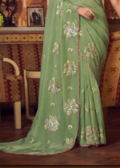 Pastel Green Shimmer Chiffon Saree with Floral Embroidery