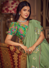 Pastel Green Shimmer Chiffon Saree with Floral Embroidery
