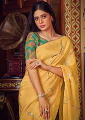 Mustard Yellow Shimmer Chiffon Saree with Embroidery