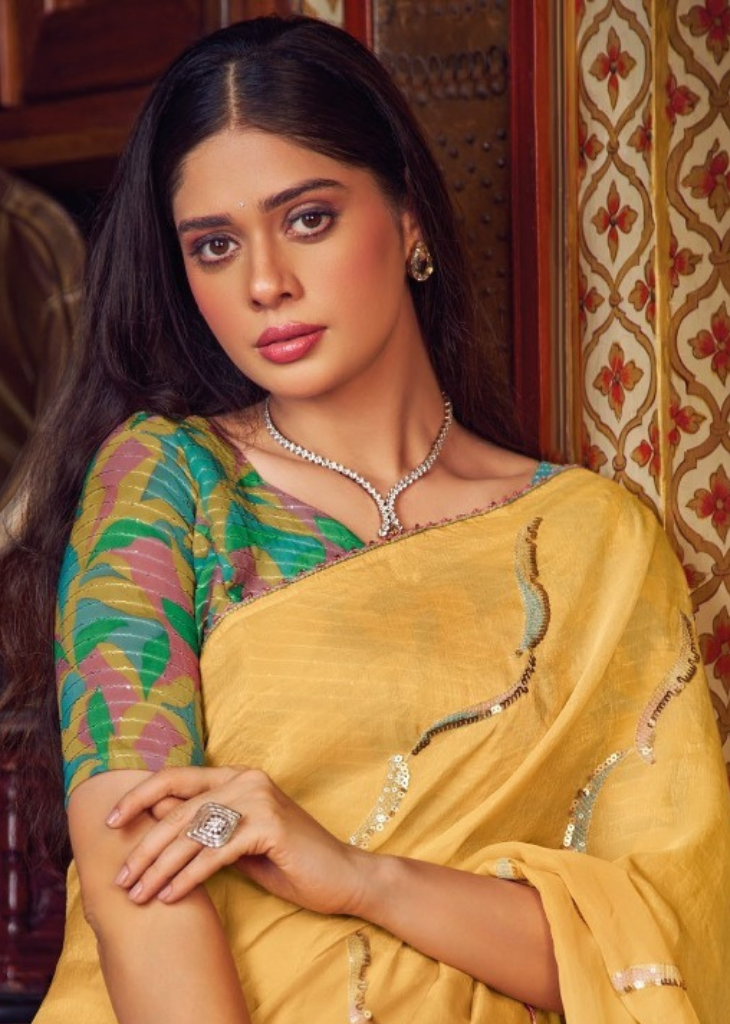 Mustard Yellow Shimmer Chiffon Saree with Embroidery