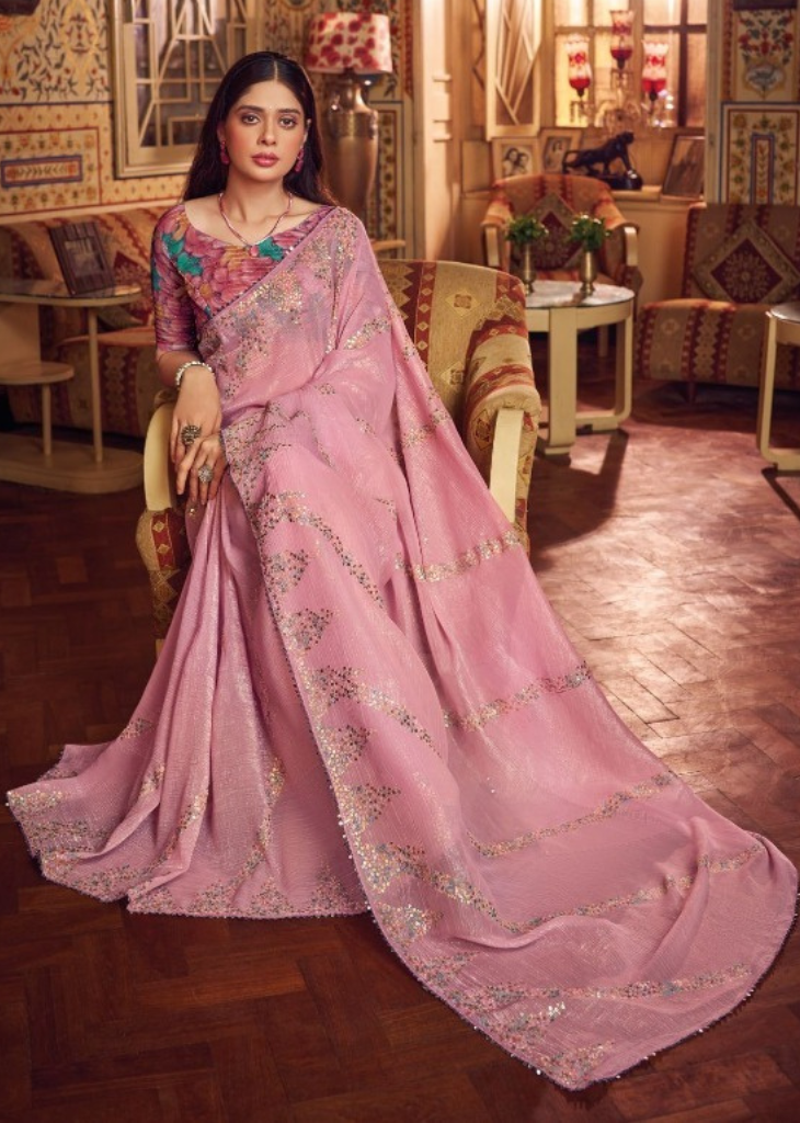 Baby Pink Shimmer Chiffon Saree with Sequin Embroidery