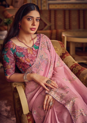 Baby Pink Shimmer Chiffon Saree with Sequin Embroidery