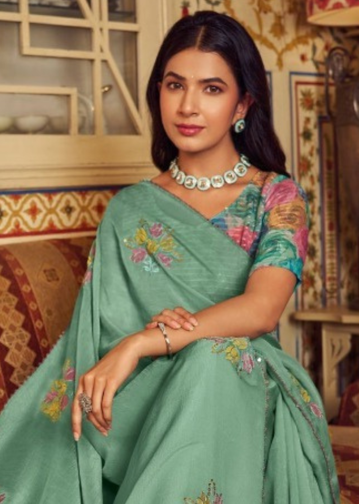 Mint Green Shimmer Chiffon Saree with Floral Embroidery