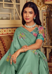 Mint Green Shimmer Chiffon Saree with Floral Embroidery