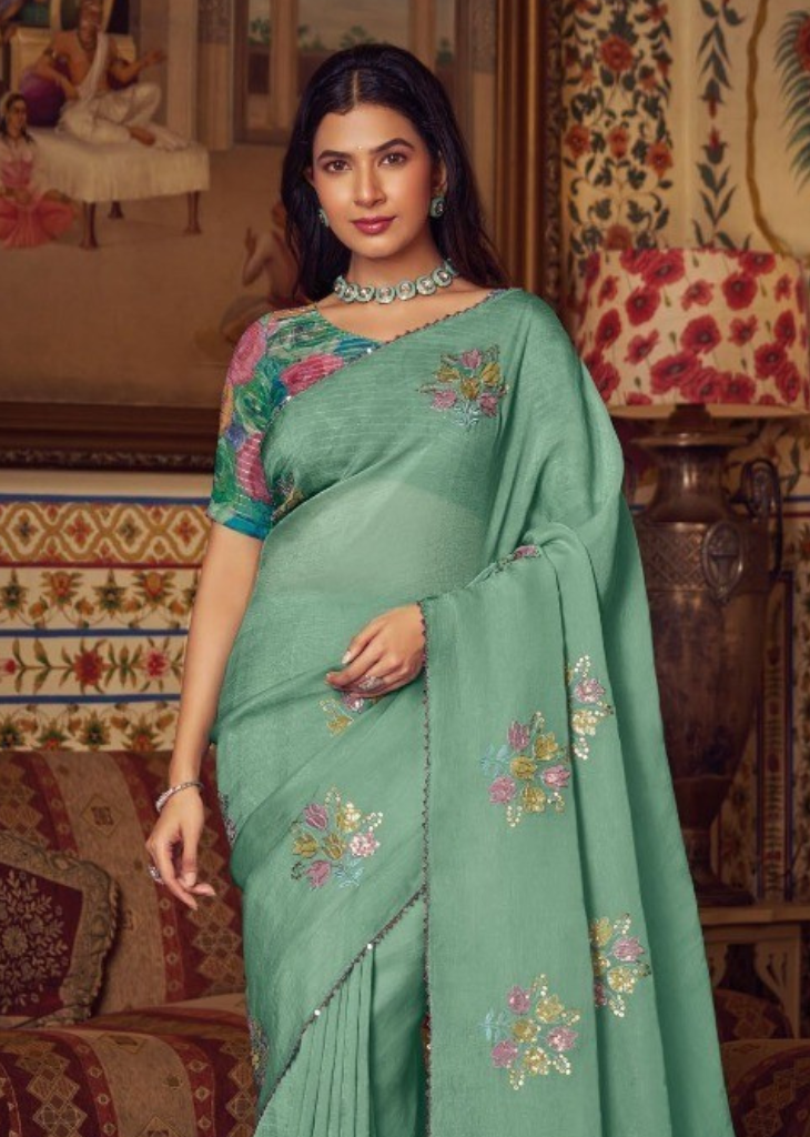 Mint Green Shimmer Chiffon Saree with Floral Embroidery