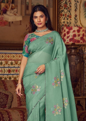 Mint Green Shimmer Chiffon Saree with Floral Embroidery