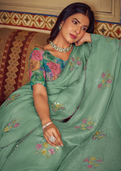 Mint Green Shimmer Chiffon Saree with Floral Embroidery