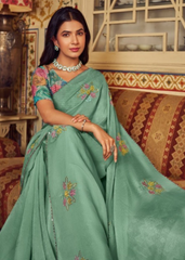 Mint Green Shimmer Chiffon Saree with Floral Embroidery