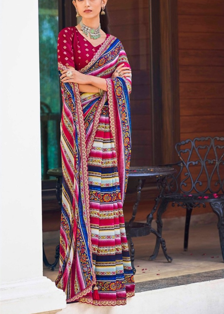 Multicolor Weightless Printed Saree with Foil Print & Embroidery Border