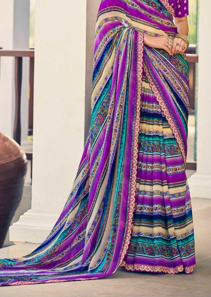 Purple Weightless Printed Saree with Foil Print & Embroidery Border