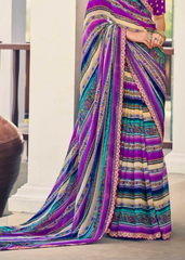 Purple Weightless Printed Saree with Foil Print & Embroidery Border