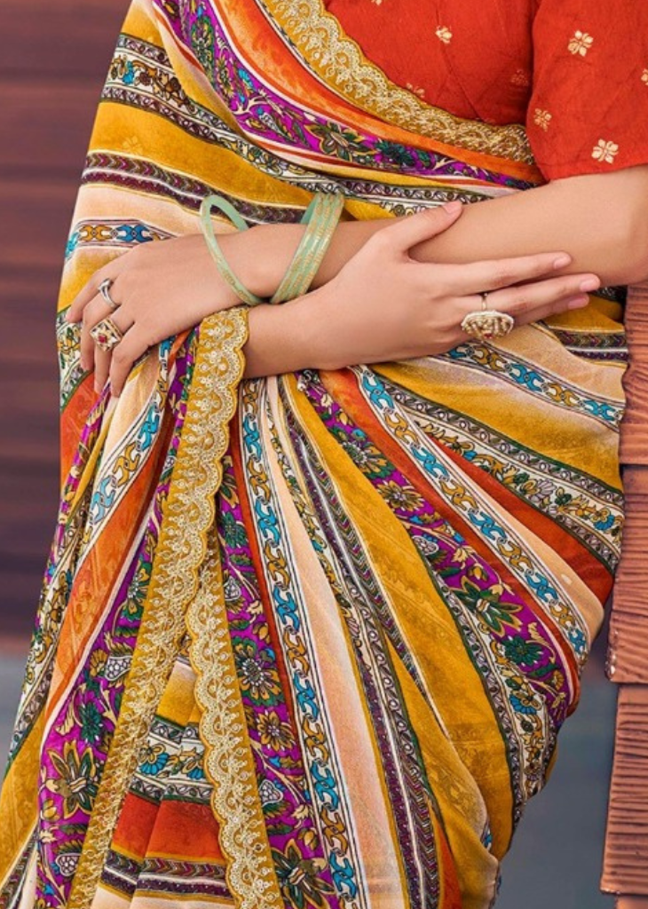 Yellow Weightless Saree with Foil Print & Embroidery Border