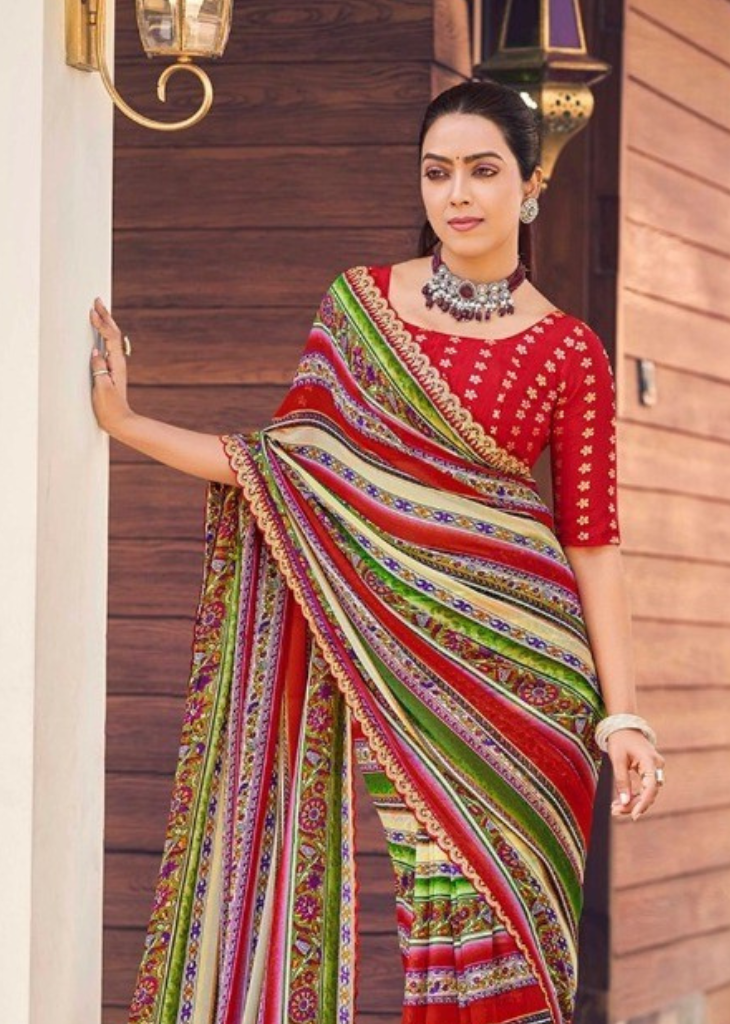 Red & Green Foil Print Saree with Embroidery Border