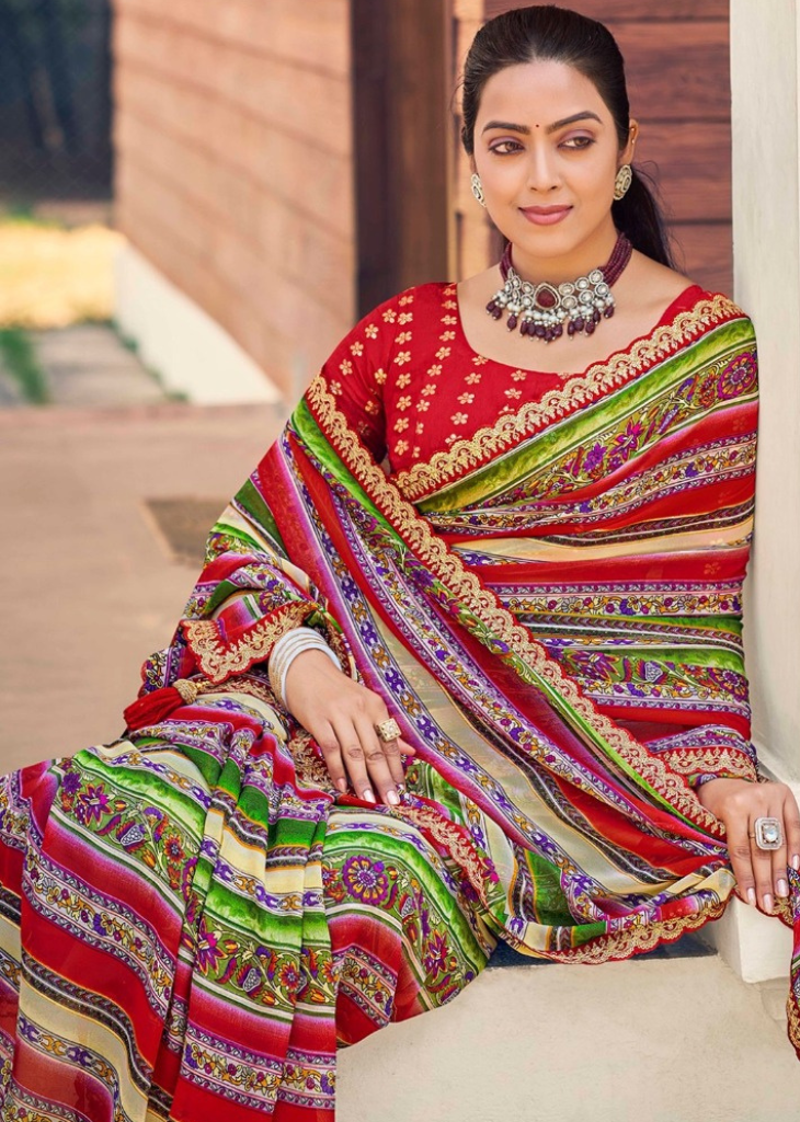 Red & Green Foil Print Saree with Embroidery Border