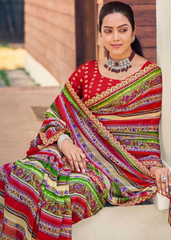 Red & Green Foil Print Saree with Embroidery Border