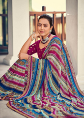 Pink & Blue Foil Print Saree with Embroidered Border