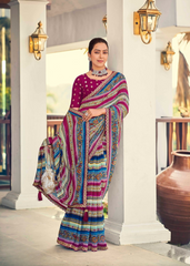 Pink & Blue Foil Print Saree with Embroidered Border