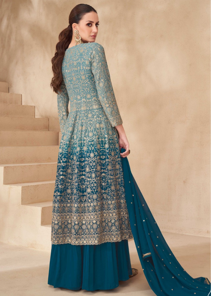 Teal Blue Embroidered Georgette Sharara Set