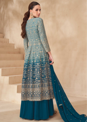 Teal Blue Embroidered Georgette Sharara Set