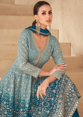 Teal Blue Embroidered Georgette Sharara Set
