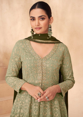 Olive Green Embroidered Georgette Sharara Set