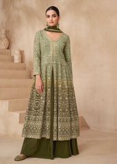 Olive Green Embroidered Georgette Sharara Set
