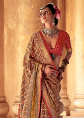 Rust Red Patola Saree in PV Silk with Stud Work