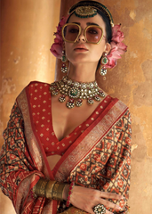 Rust Red Patola Saree in PV Silk with Stud Work