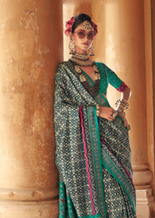 Teal Blue Patola Saree in PV Silk with Stud Work