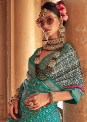 Teal Blue Patola Saree in PV Silk with Stud Work
