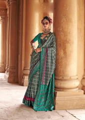 Teal Blue Patola Saree in PV Silk with Stud Work
