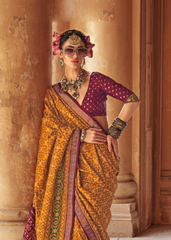 Mustard Yellow Patola Saree in PV Silk with Stud Work