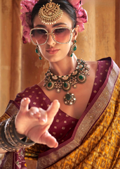 Mustard Yellow Patola Saree in PV Silk with Stud Work