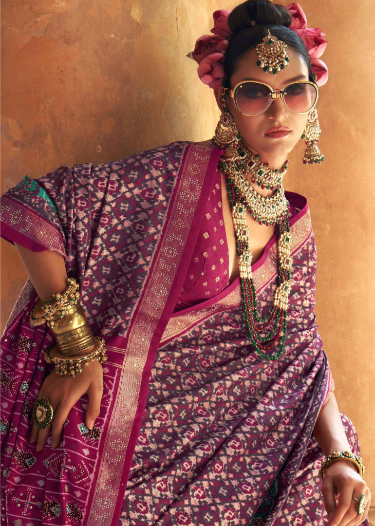 Magenta Patola Saree in Silk with Stud Finish