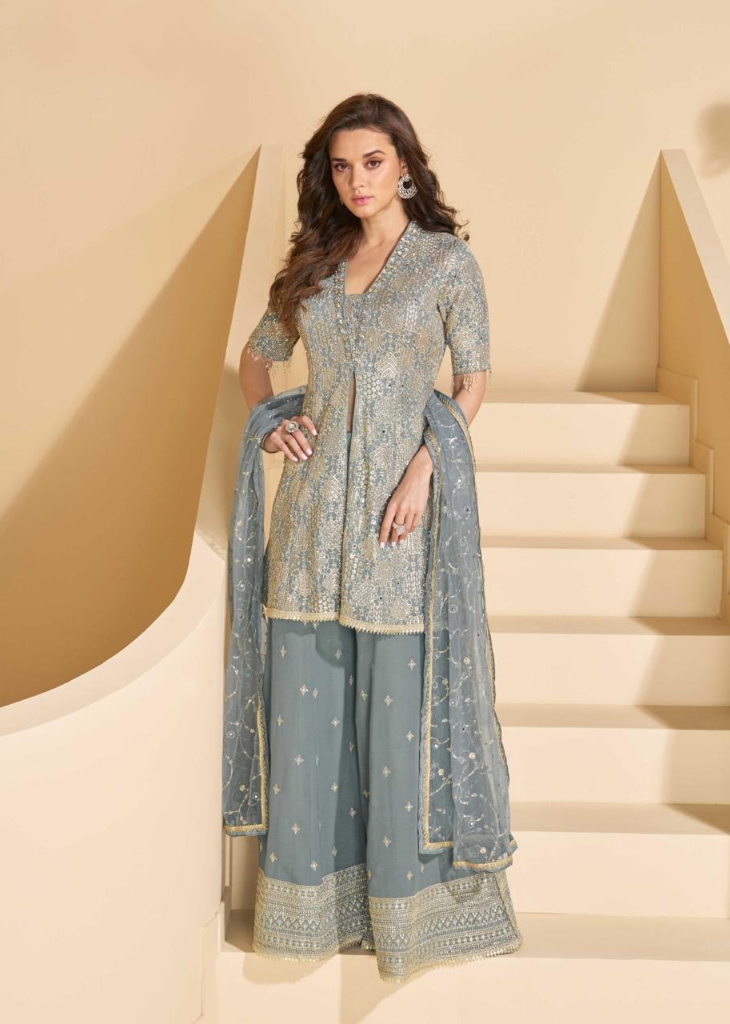Embroidered Blue Georgette Sharara Suit